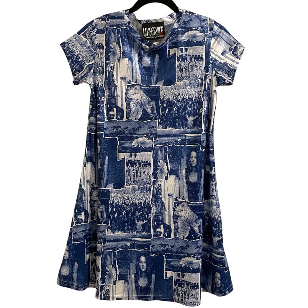 LIP SERVICE Blue White Multi Graphic Print Dress Size Small